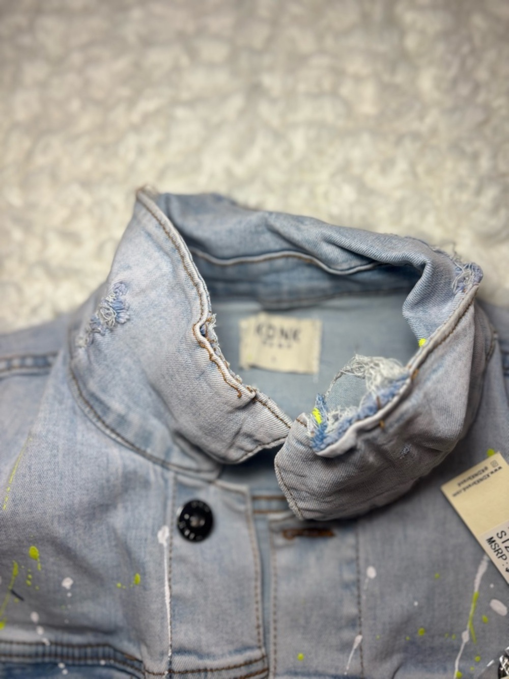 KDNK Light Wash Denim Jacket with Neon Yellow Accents - Picture 2 of 4